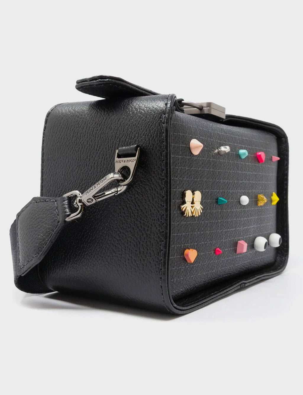 Min & Mon - Benji Micro Crossbody Black Leather Bag - Studs Pattern