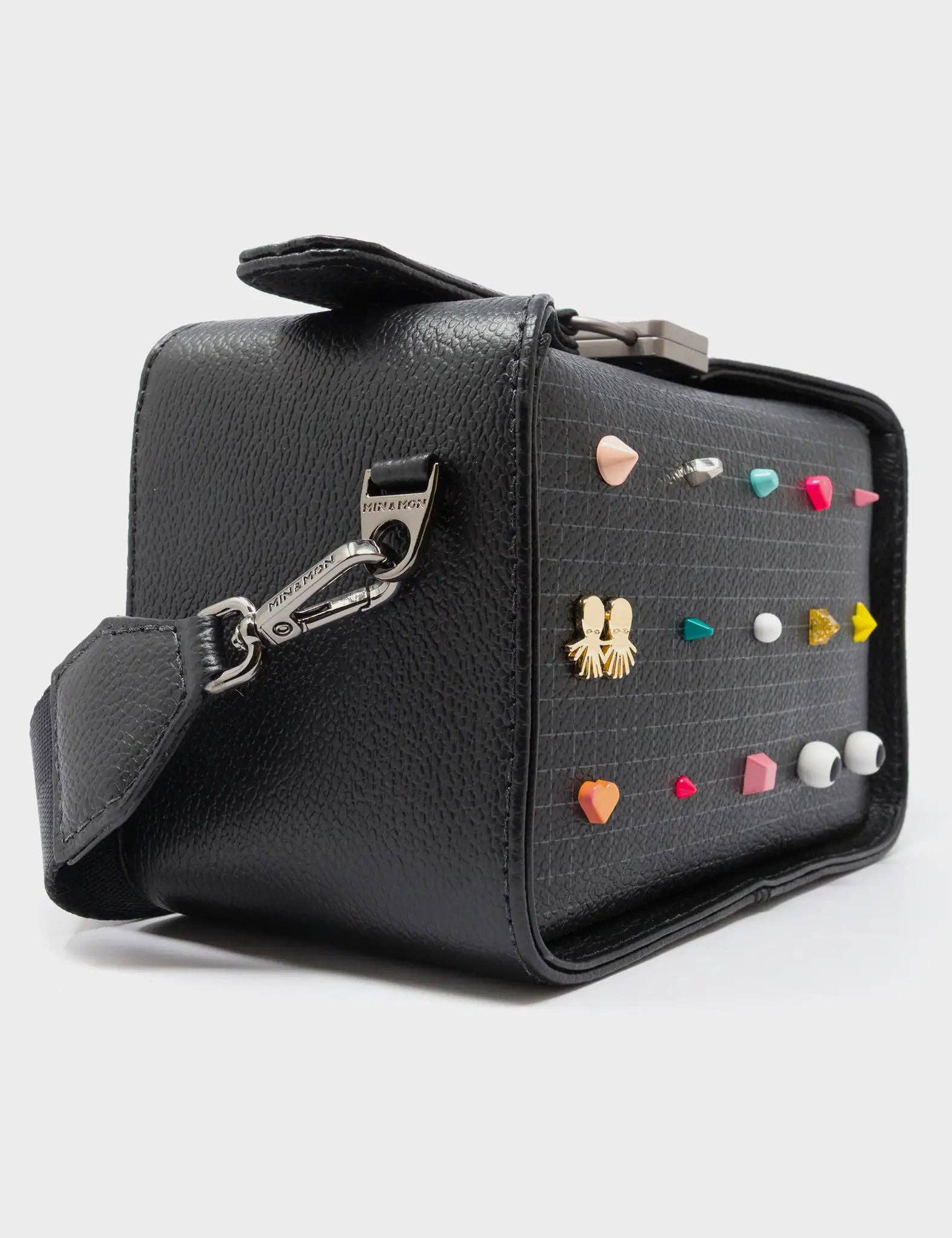 Min & Mon - Benji Micro Crossbody Black Leather Bag - Studs Pattern