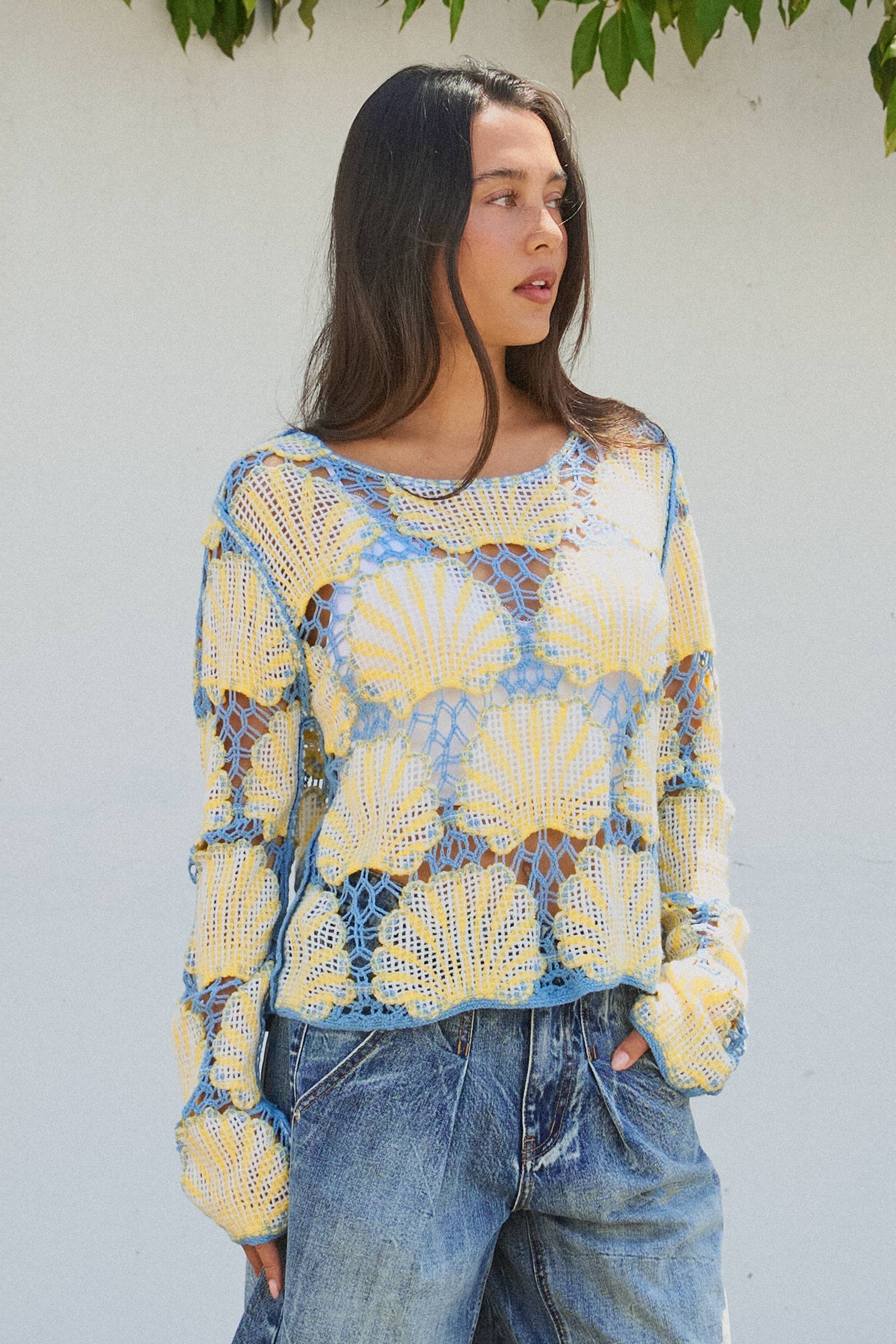 Women's Crochet Lace Seashell Scalloped Knit Top