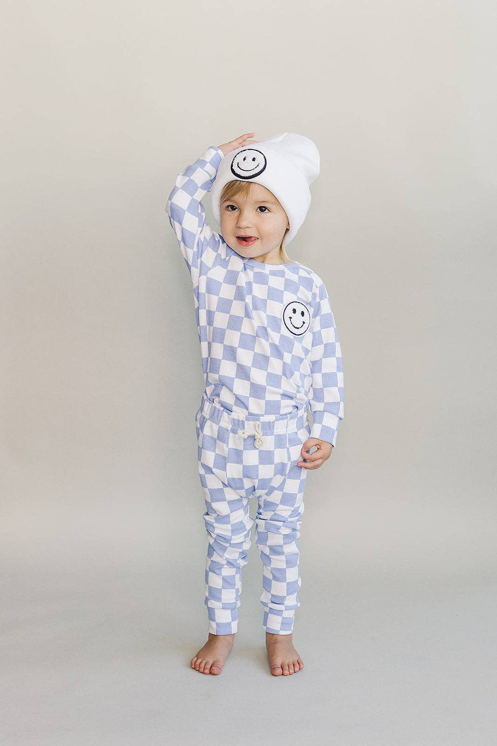 Lucky Panda Kids Lounge Set - Blue Checkered Smiley