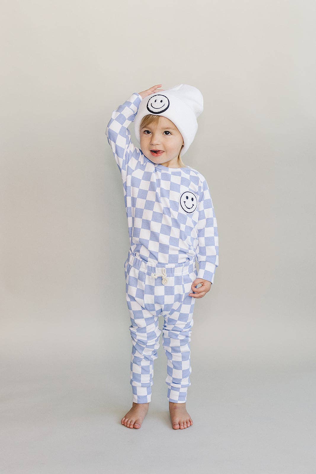 Lucky Panda Kids Lounge Set - Blue Checkered Smiley
