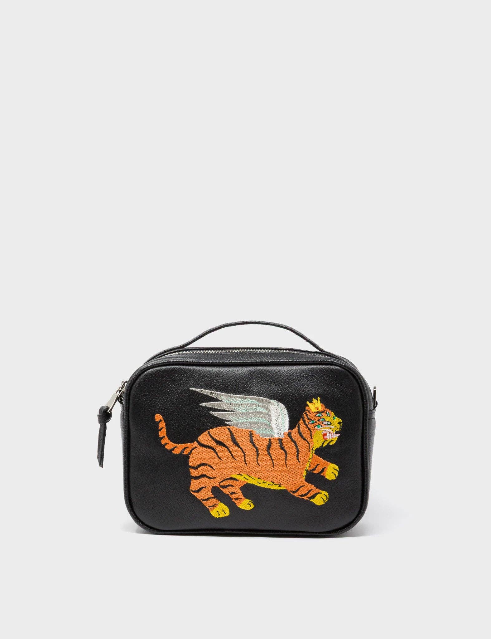 Min & Mon - Verto Black Leather Crossbody Bag - Winged Tiger Embroidery