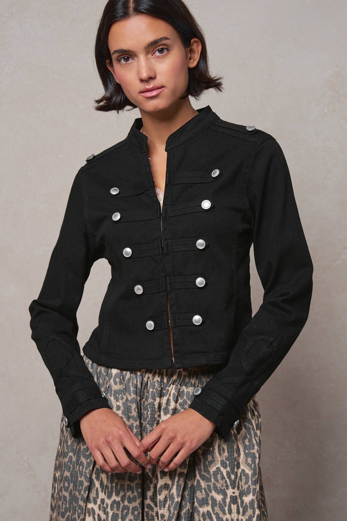 Women's Military Double-Button Stretch Cotton Jacket - Black