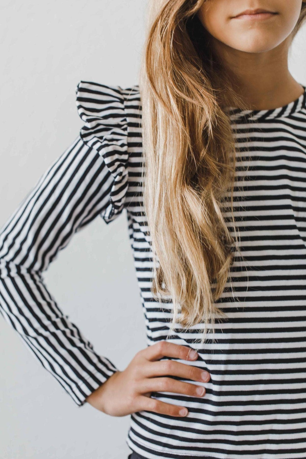Mila & Rose L/S Ruffle Tee - Black & White Stripe (Final Sale)