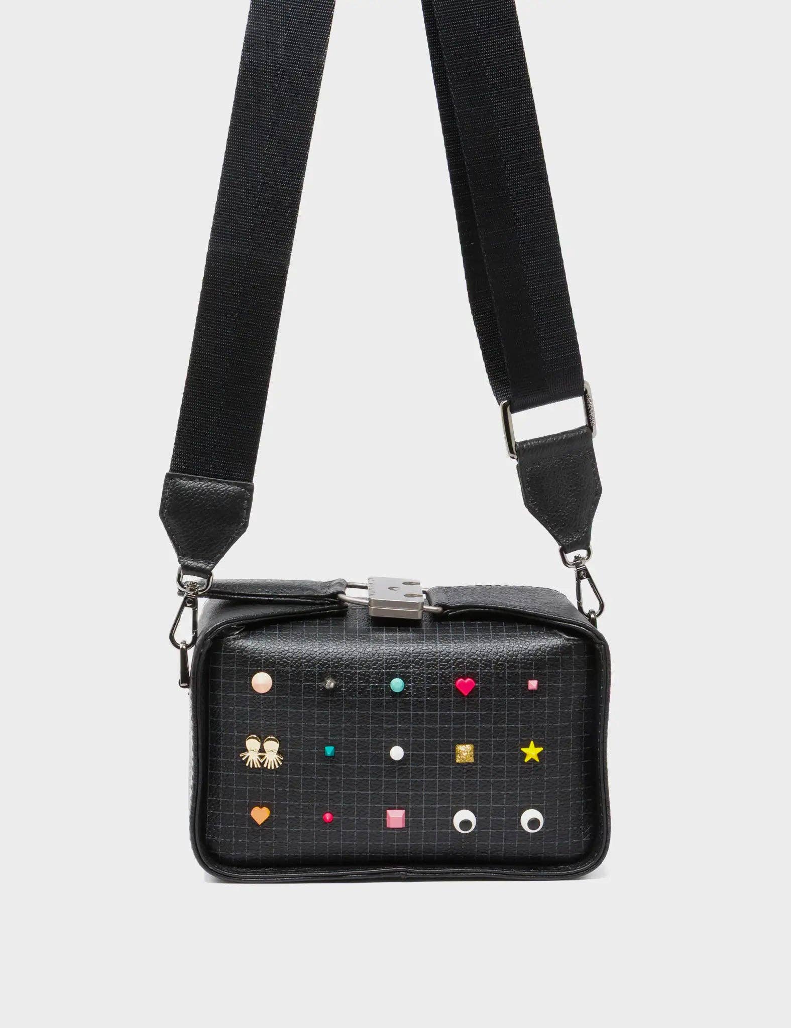 Min & Mon - Benji Micro Crossbody Black Leather Bag - Studs Pattern