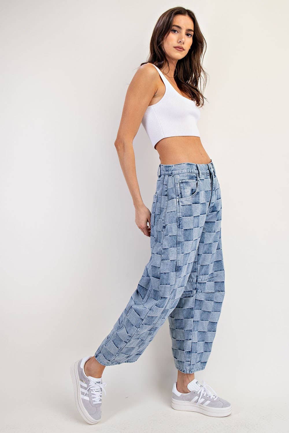 Women's Mineral Washed Check Barrel Jeans