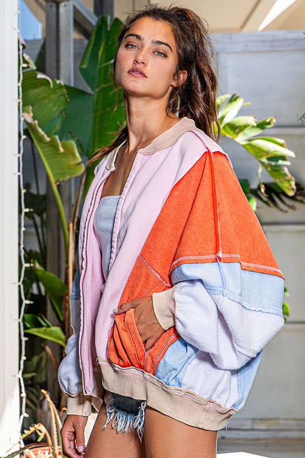 Women's Colorblock  Zip Up Jacket - Pink/Orange/Blue