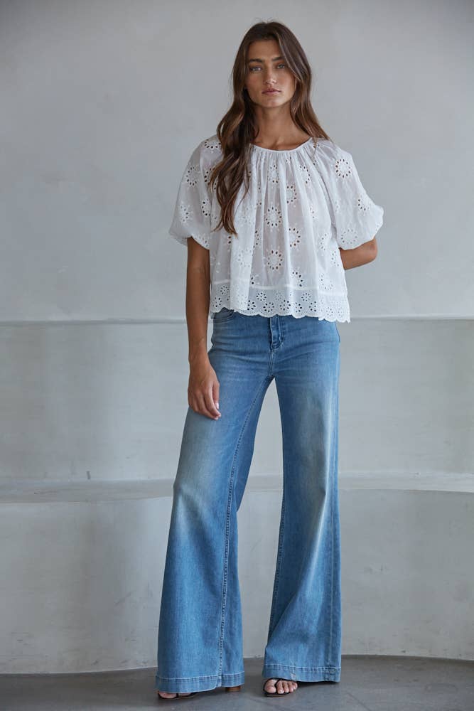 Women's Woven Cotton Eyelet Round Neck Short Sleeve Top - White