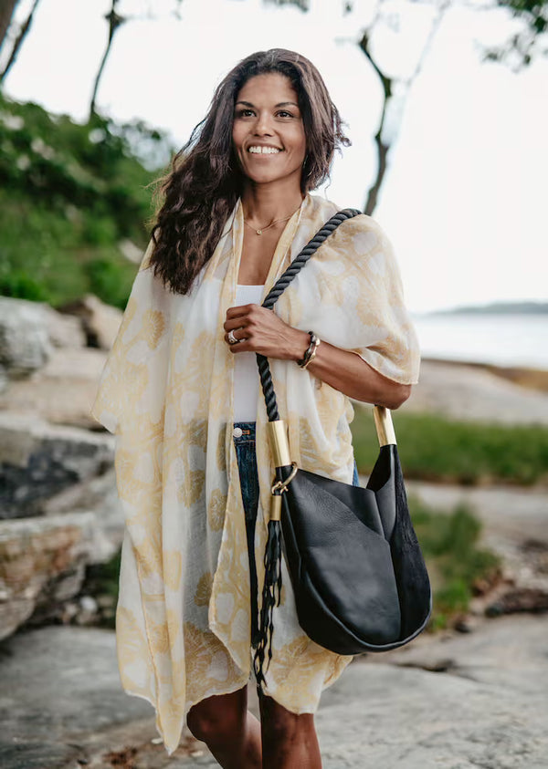 Wildwood Oyster Co. Small Crossbody in Black Leather w/ Neon Pink Rope & Matching Seaweed Tassel
