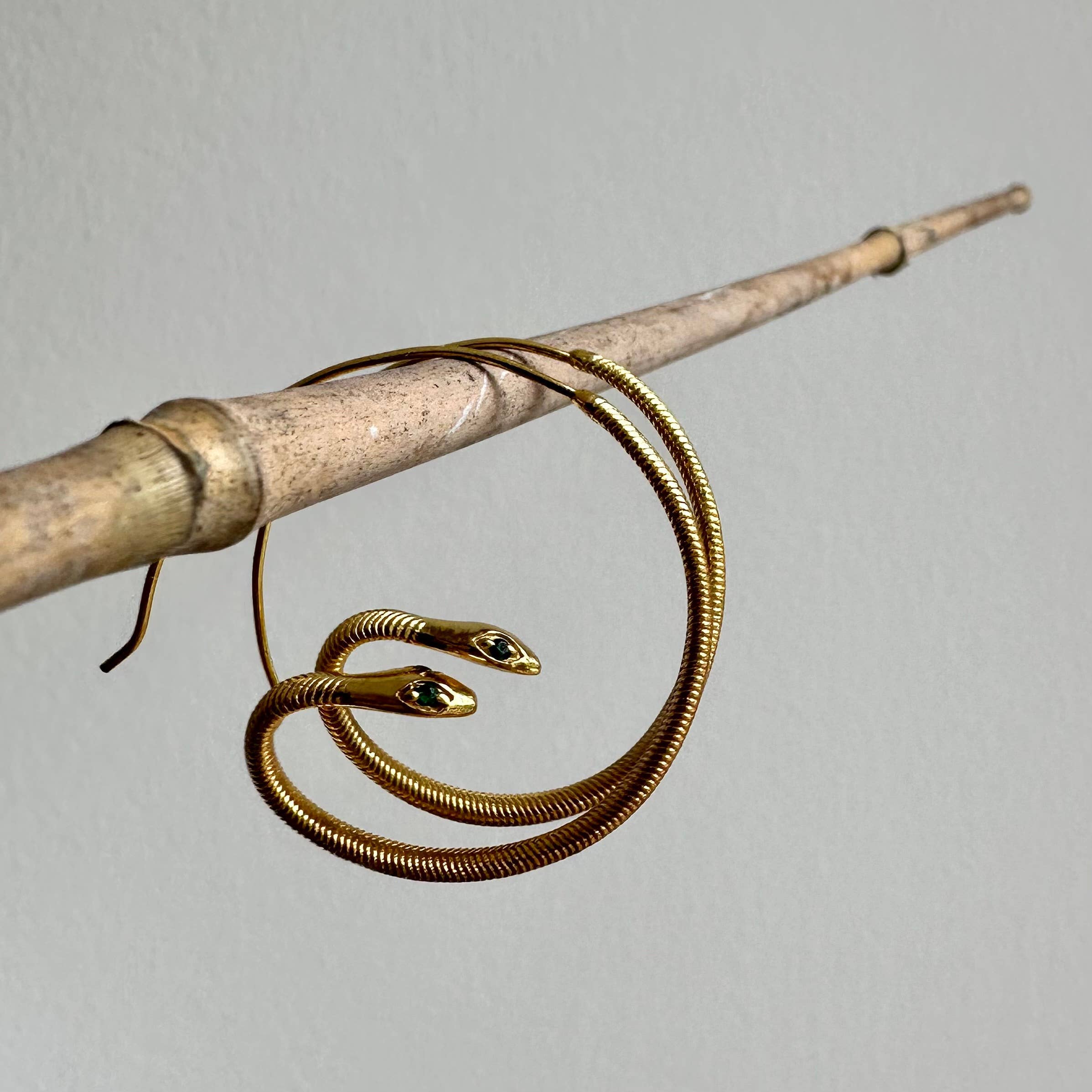 Anokhi Green Handmade Gemstone Earrings - Baby Snake Gold Plated Hoops