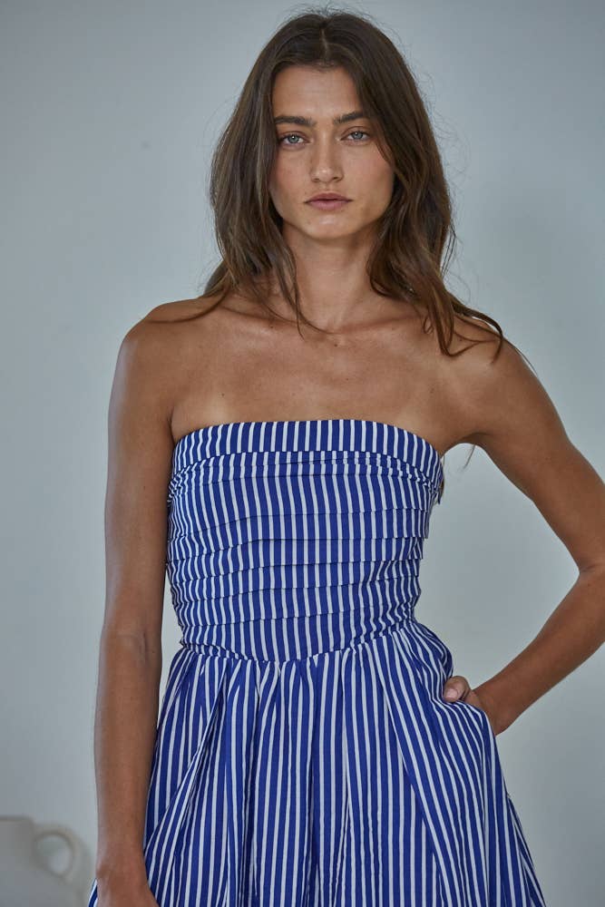 Women's Striped Tube Neck Strapless Flare Maxi Dress - Denim Blue