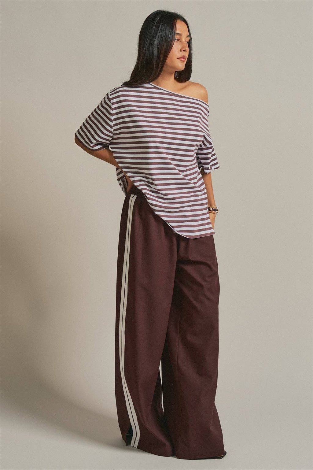 Women's Off-Shoulder Boxy Tee - Brown Stripe