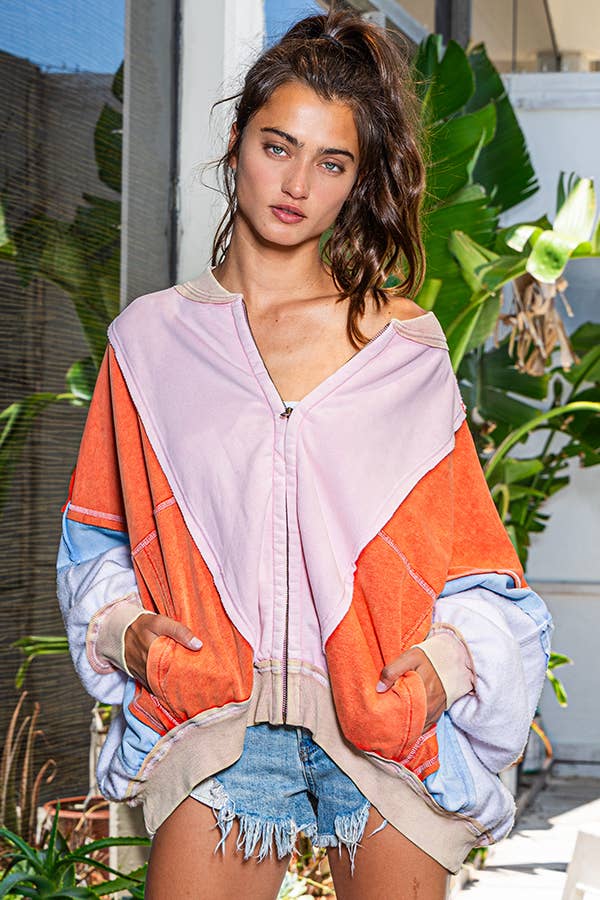 Women's Colorblock  Zip Up Jacket - Pink/Orange/Blue