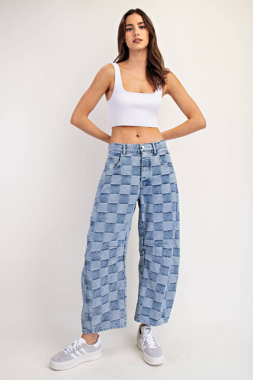 Women's Mineral Washed Check Barrel Jeans