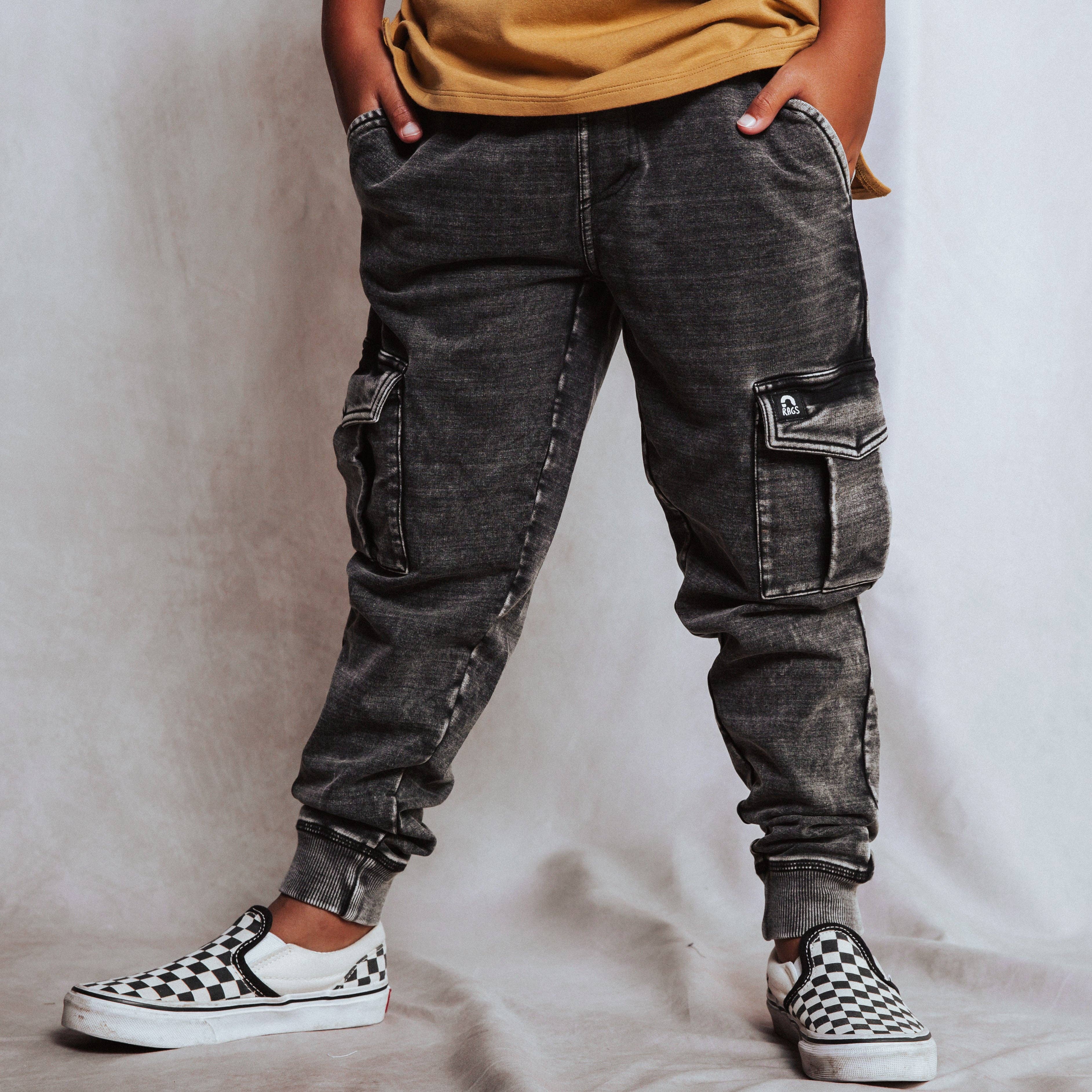 RAGS - Relaxed Fit Cargo Joggers - Washed Black Denim