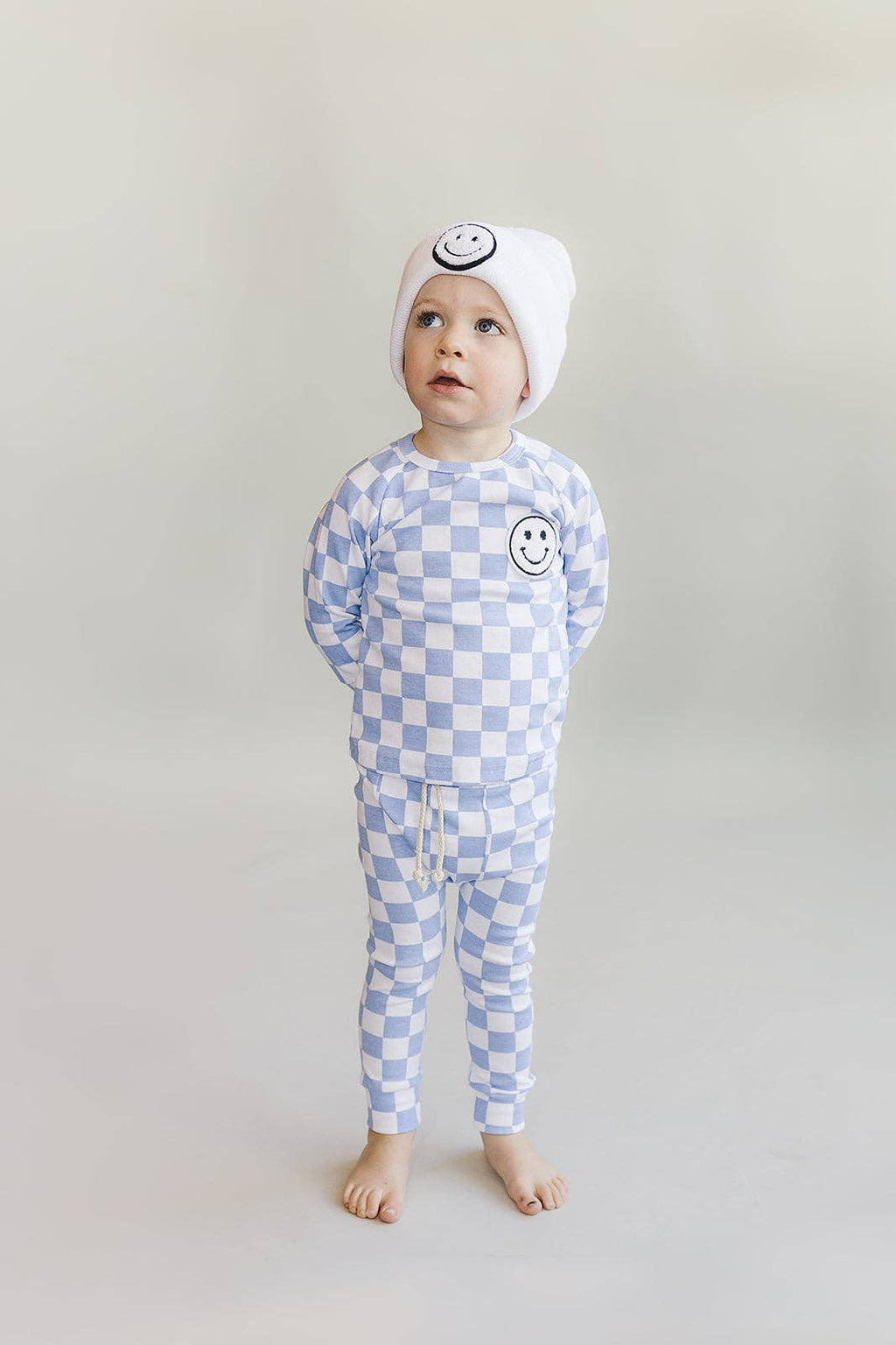 Lucky Panda Kids Lounge Set - Blue Checkered Smiley