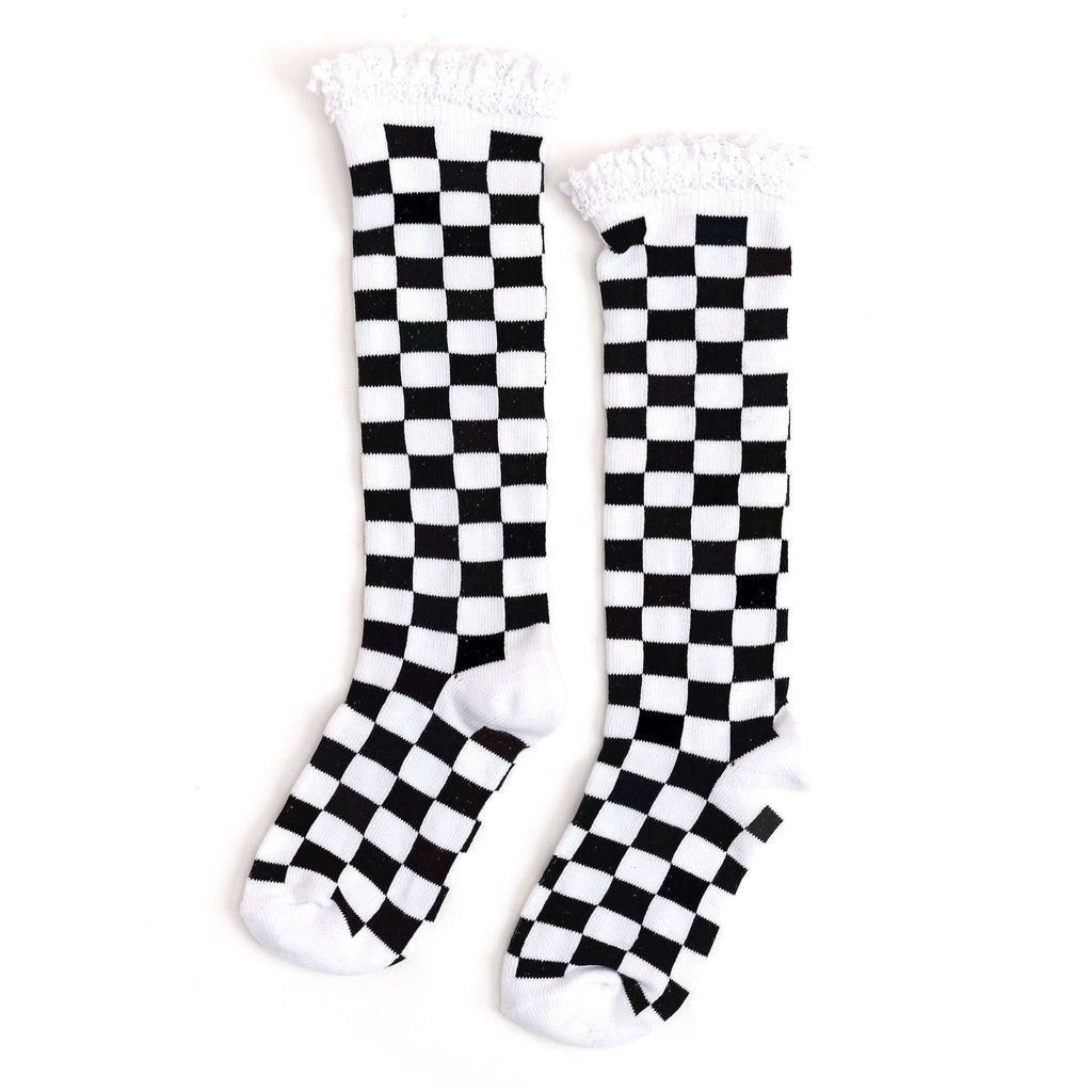 Little Stocking Co. Lace Top Knee High Socks - Checkered White/Black