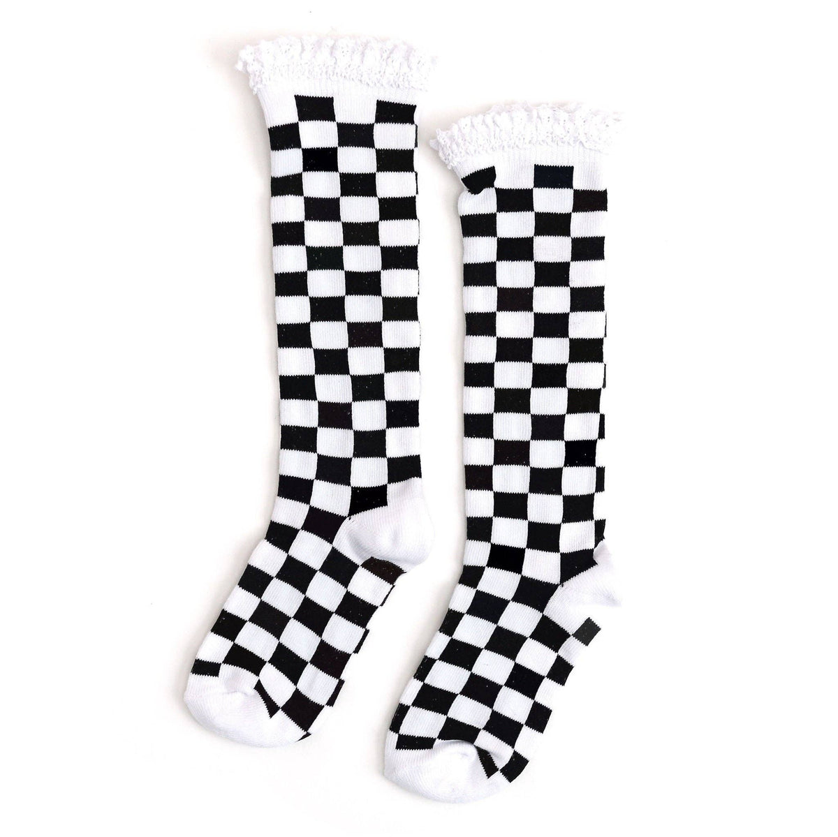 Little Stocking Co. Lace Top Knee High Socks - Checkered White/Black