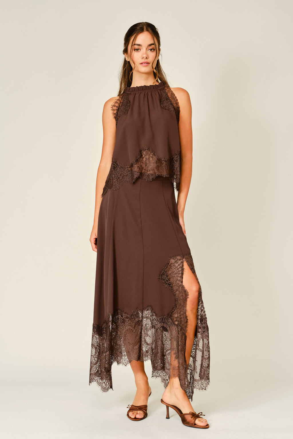 Women's Lace Midi Skirt - Brown