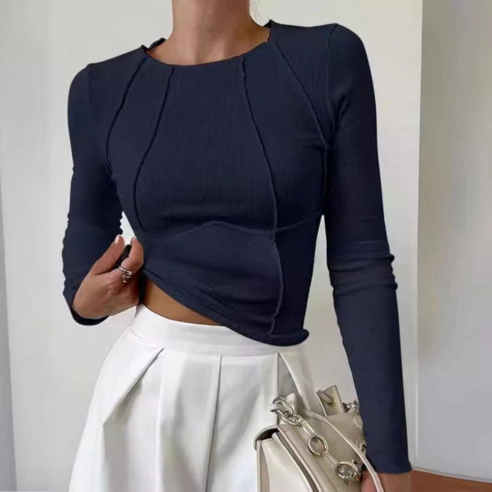 Women's Slim Ribbed Long Sleeve Top - Navy