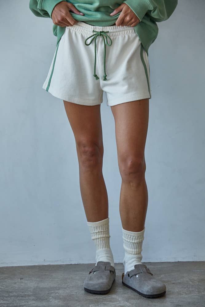 Women's Knit Cotton French Terry Wide Leg Shorts - Cream Olive