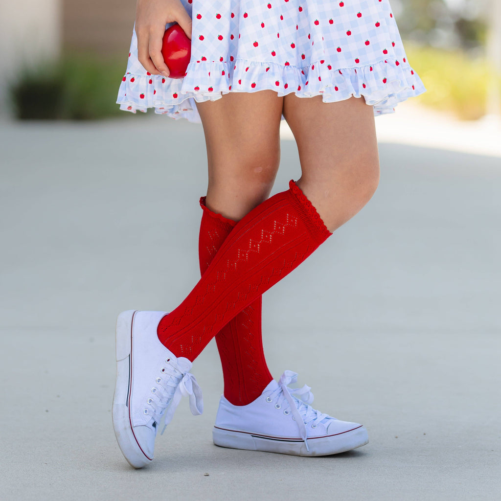 Little Stocking Co. Lace Top Knee High Socks - Bright Red