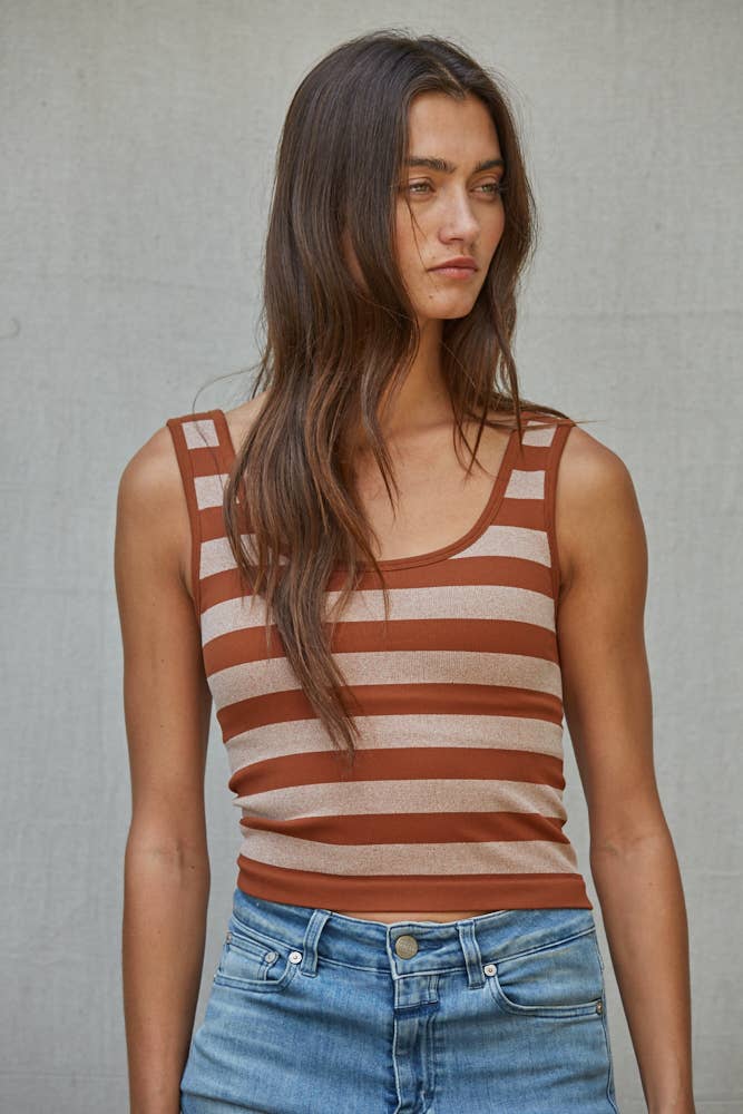 Women's Knit Striped Seamless Padded Tank Top - Camel