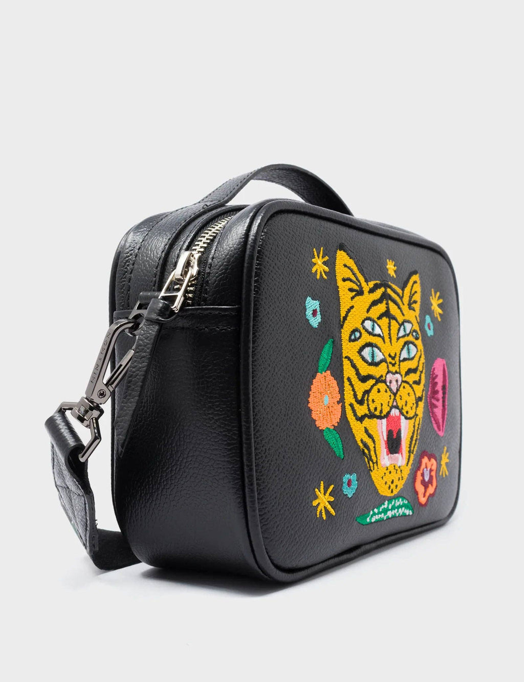 Min & Mon - Verto Black Leather Crossbody Bag - Happy Tiger Embroidery