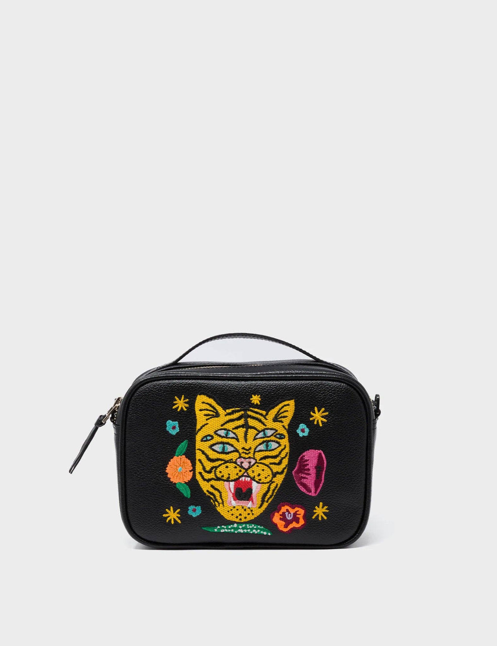 Min & Mon - Verto Black Leather Crossbody Bag - Happy Tiger Embroidery