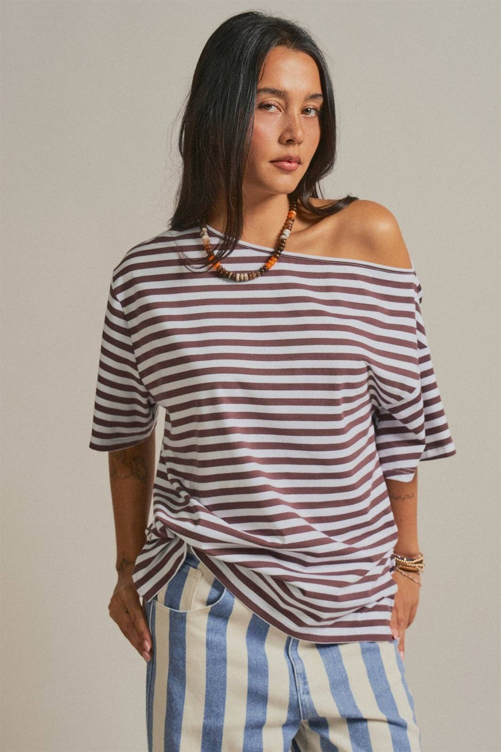 Women's Off-Shoulder Boxy Tee - Brown Stripe