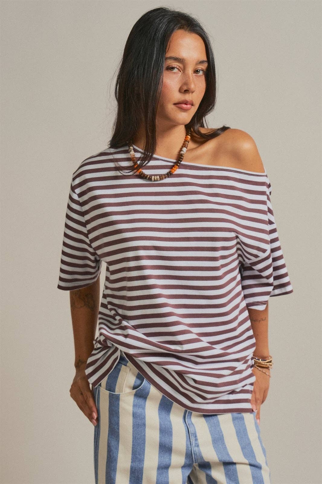 Women's Off-Shoulder Boxy Tee - Brown Stripe