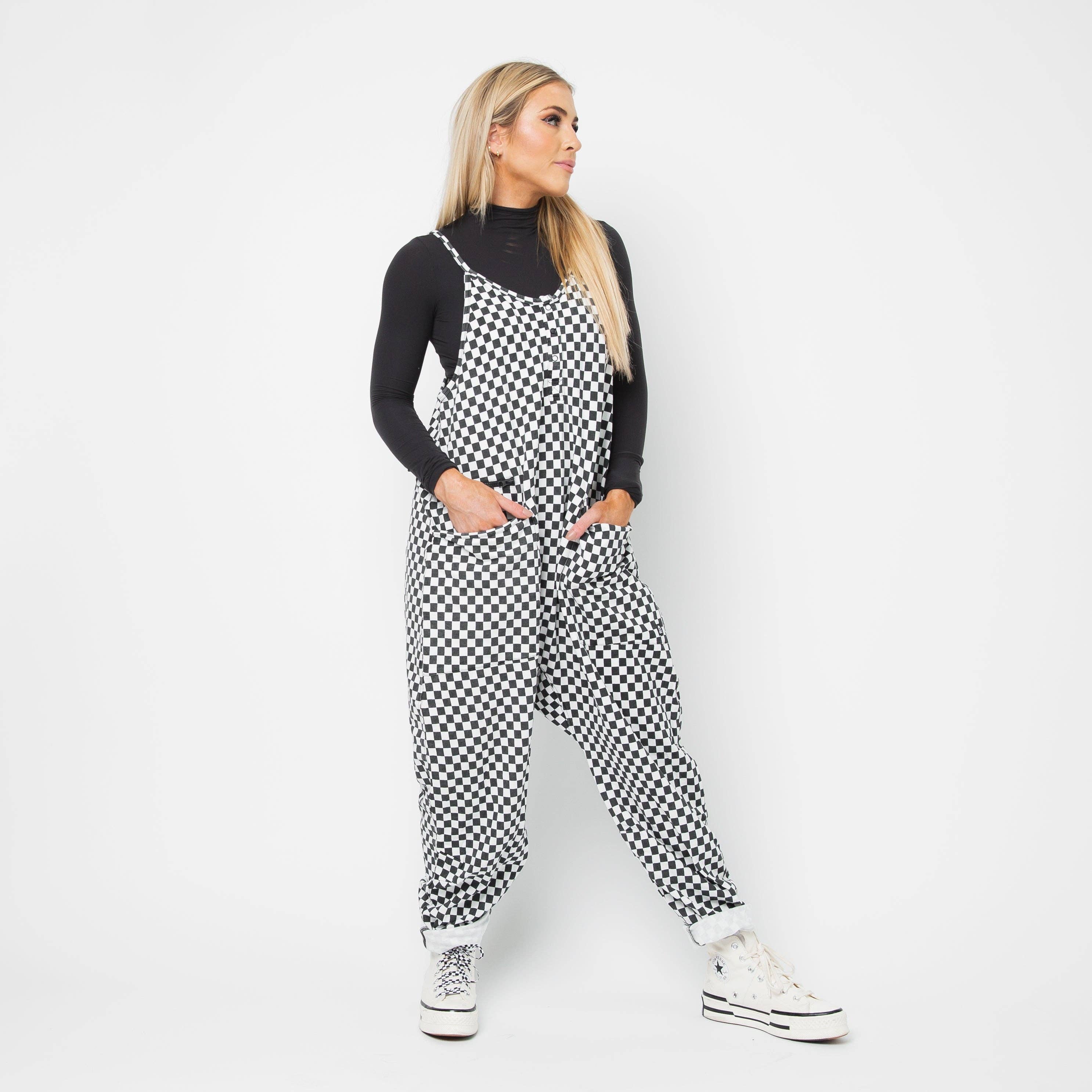 RAGS - Women's Tank Romper - Black & White Mini Check