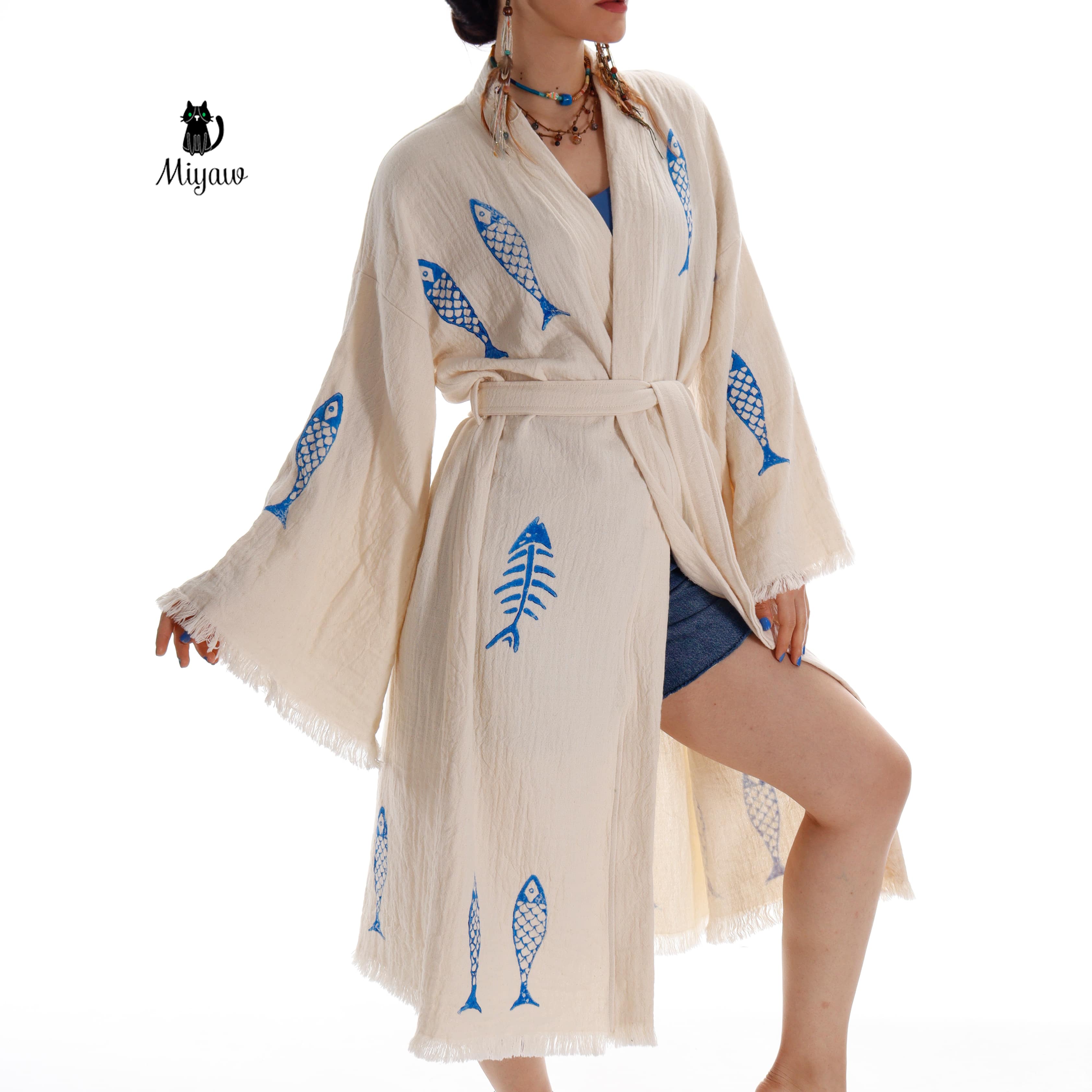 Handmade Organic Cotton Kimono Robe - Blue Fish