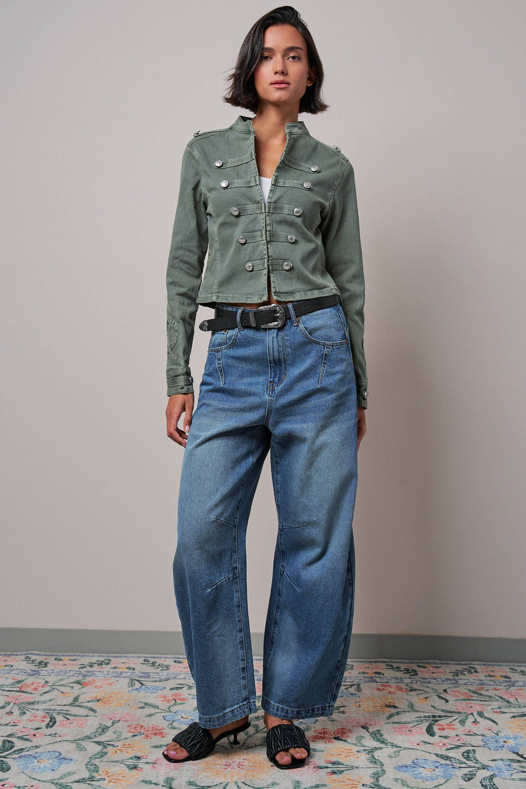 Women's Military Double-Button Stretch Cotton Jacket - Olive
