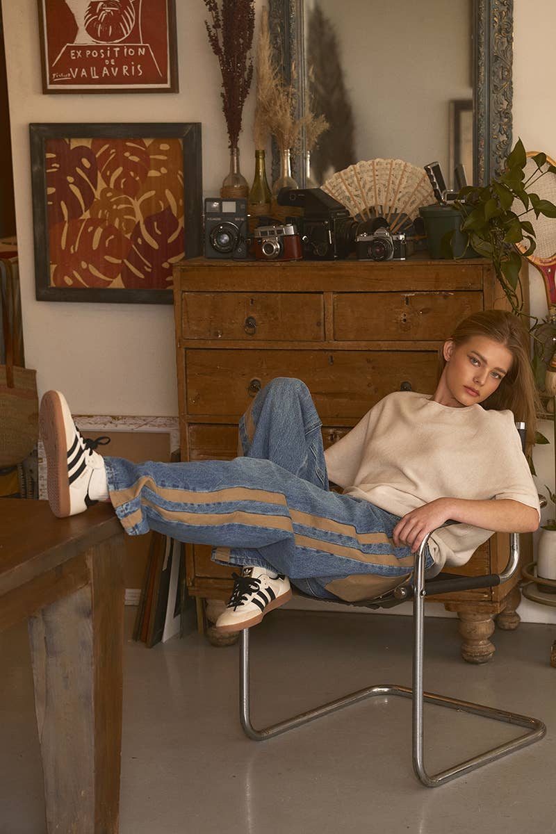 Women's Wide-Leg Utility Stripe Jeans - Denim Taupe