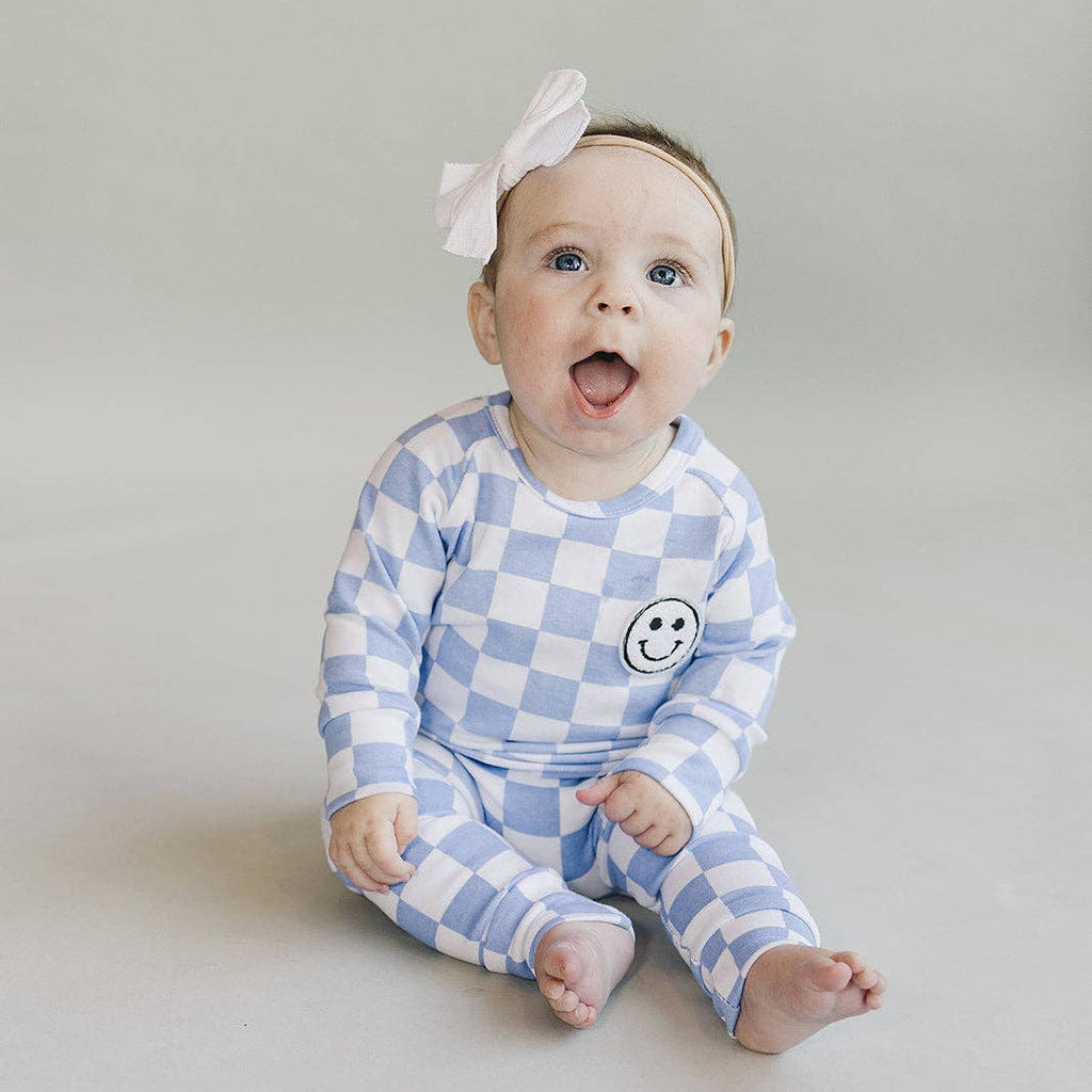 Lucky Panda Kids Lounge Set - Blue Checkered Smiley