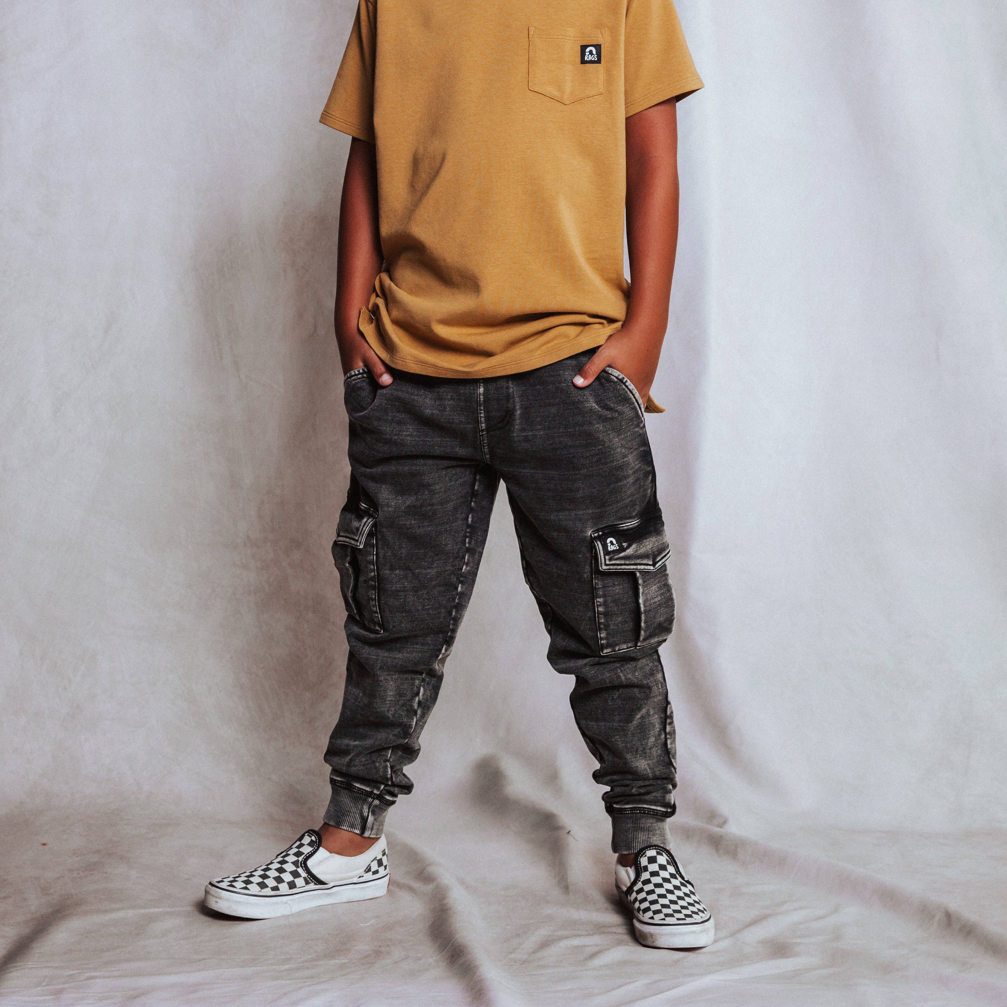 RAGS - Relaxed Fit Cargo Joggers - Washed Black Denim