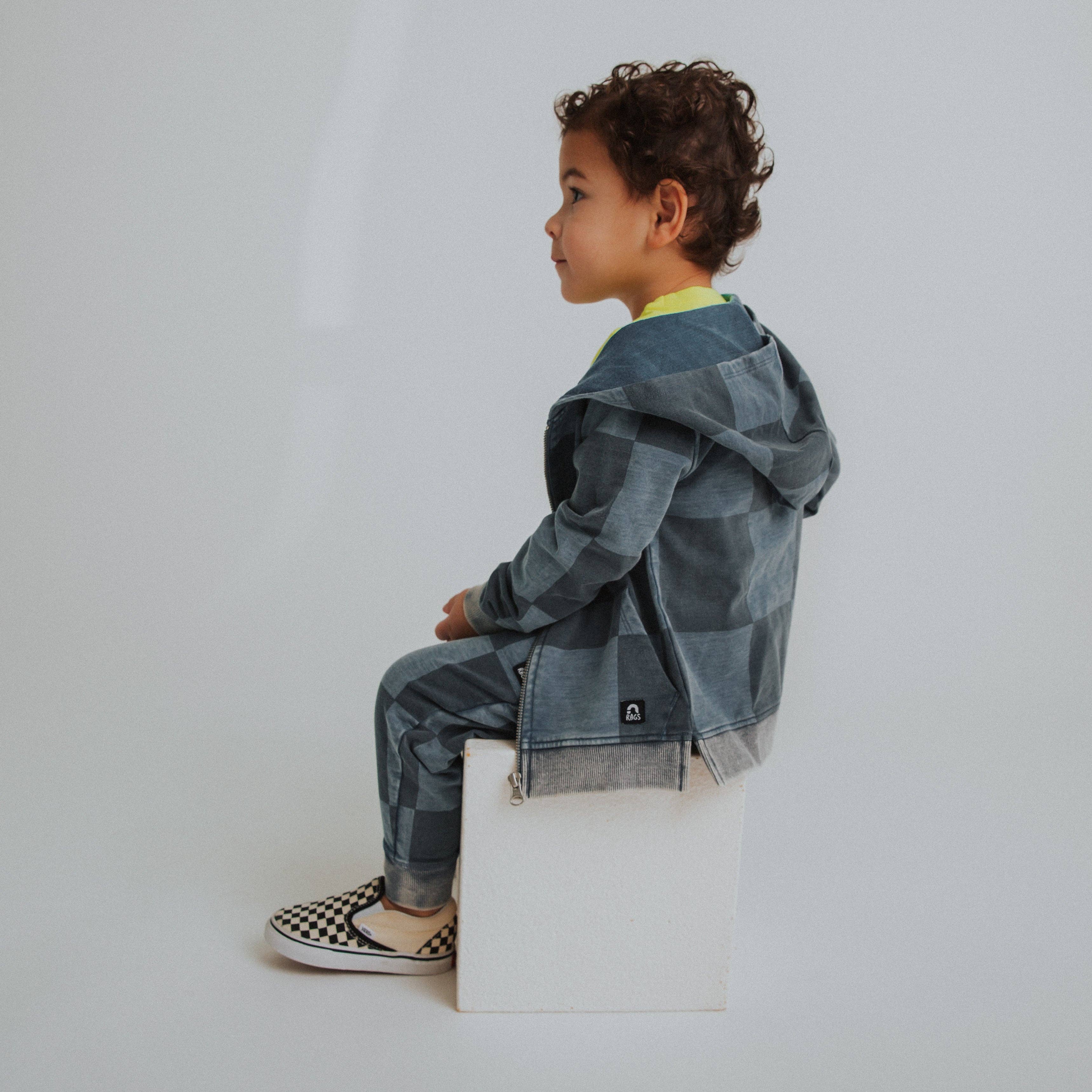 RAGS - Kids Zip Up Hoodie - Blue Denim Check