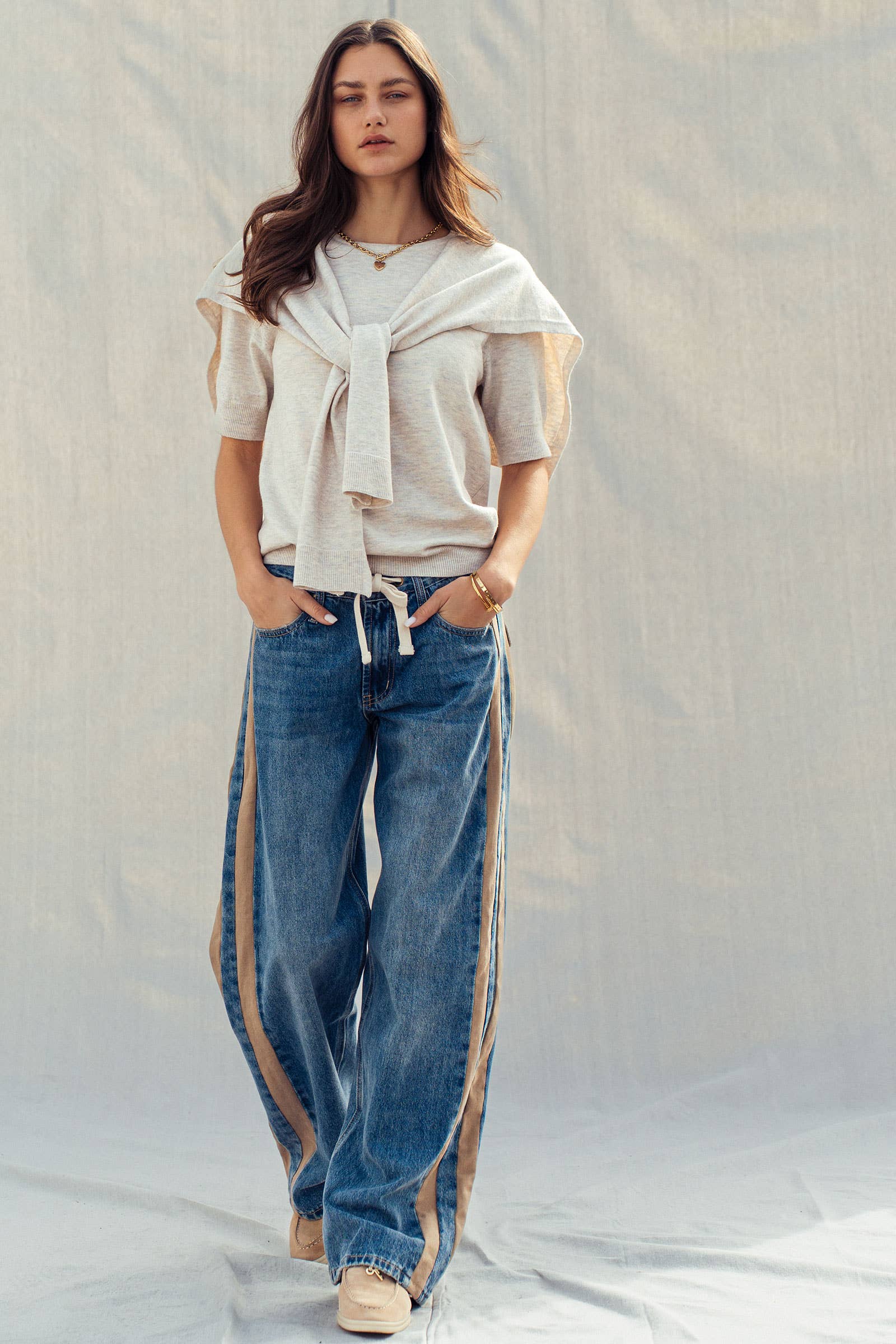Women's Wide-Leg Utility Stripe Jeans - Denim Taupe