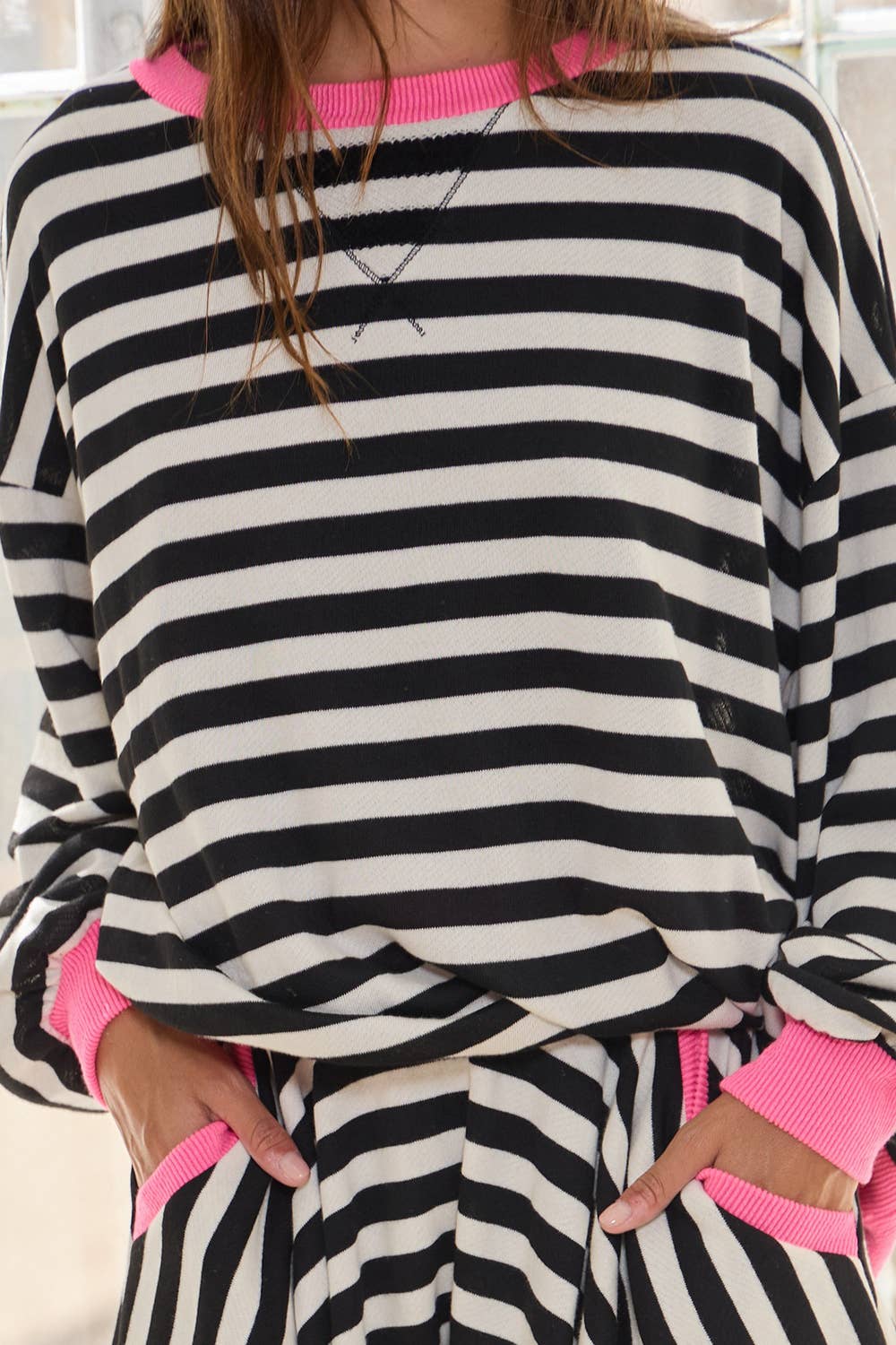 Women's Striped Sweatshirt - Black & White with Pink