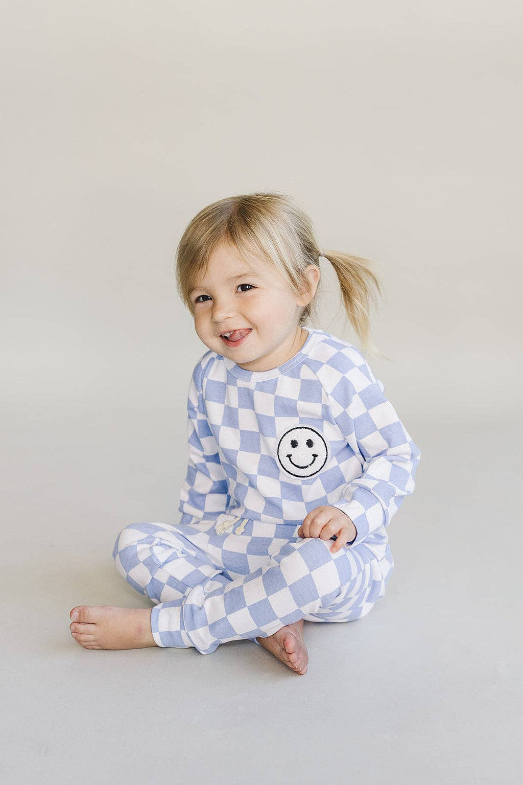 Lucky Panda Kids Lounge Set - Blue Checkered Smiley
