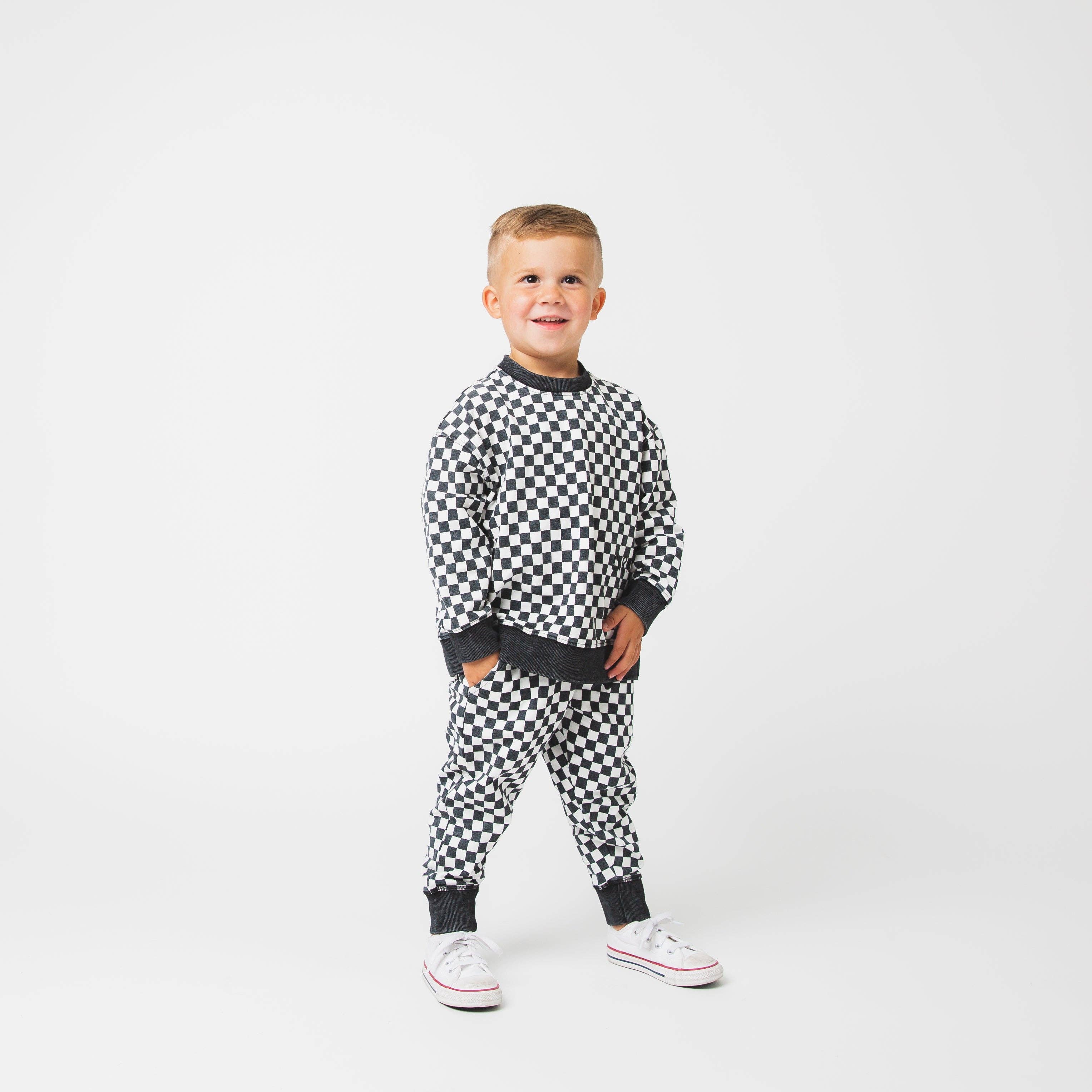 RAGS - Drop Shoulder Crewneck - Black & White Mini Check
