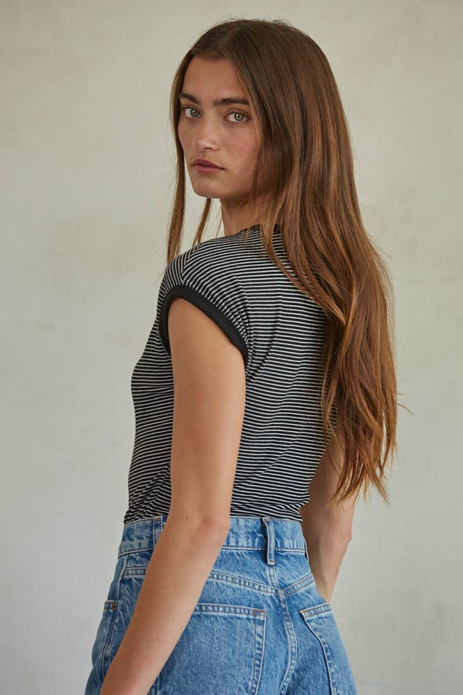 Women's Knit Ribbed Striped Short Sleeve Bodysuit - Black/White
