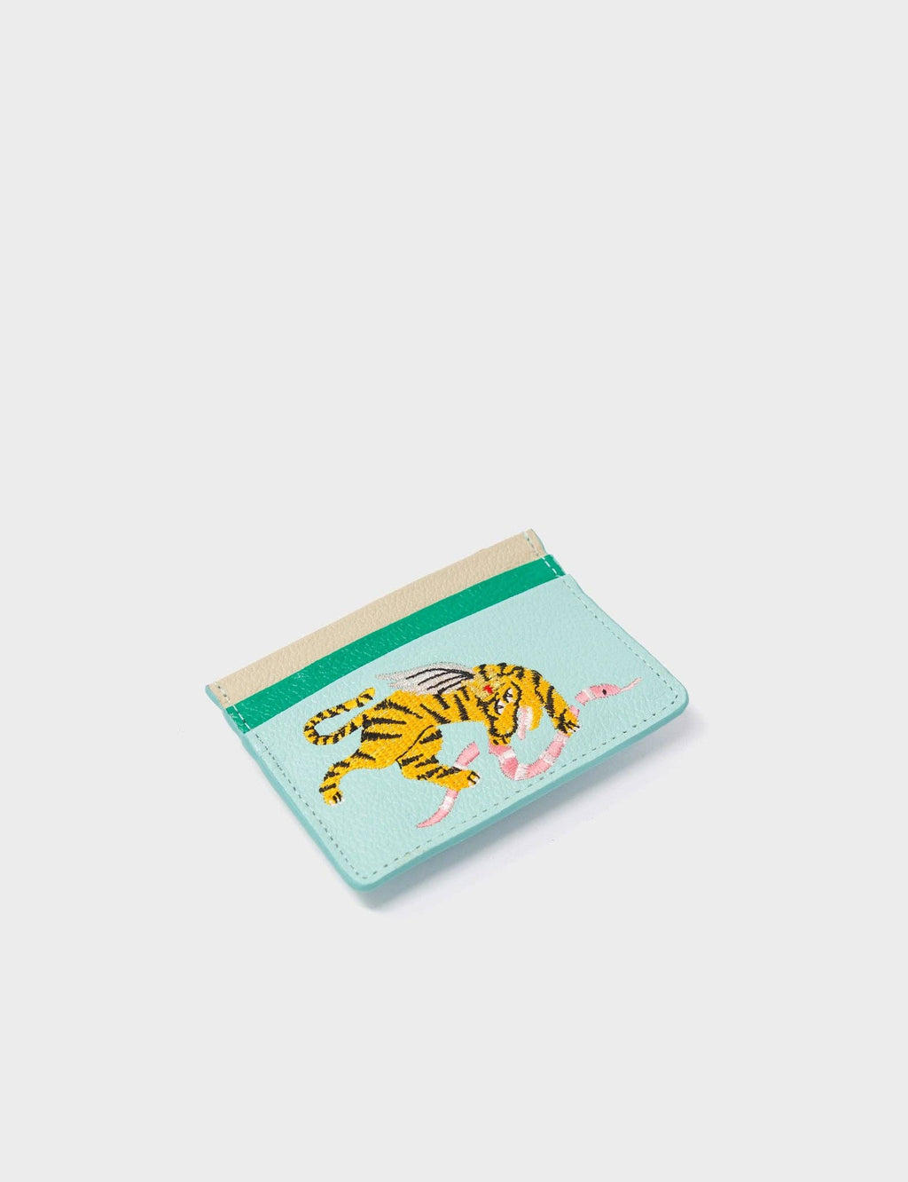 Min & Mon - Filium Eggshell Blue Leather Cardholder - Retro Tiger Embroidery