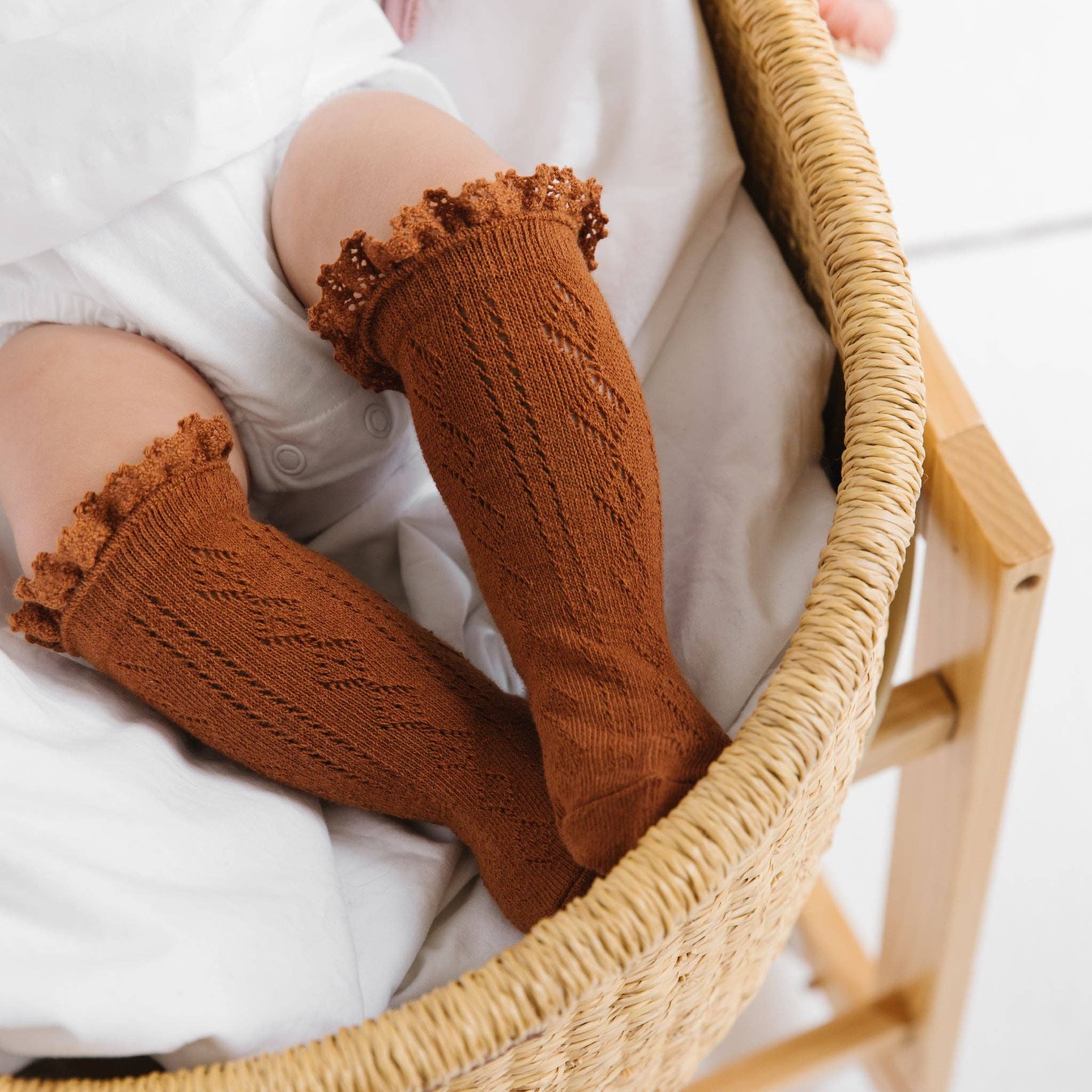 Little Stocking Co. Fancy Lace Top Knee High Socks - Sugar Almond